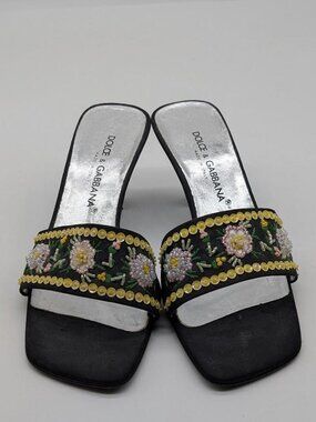 Authentic Dolce & Gabbana Black Satin Beaded Mule Heel Sandals Womens Sz 35